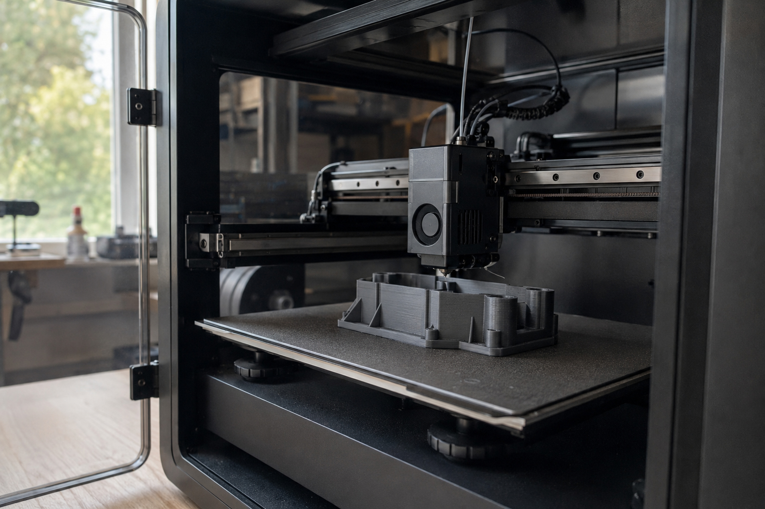 A part printing on an enclosed 3D printer at HLT Lab